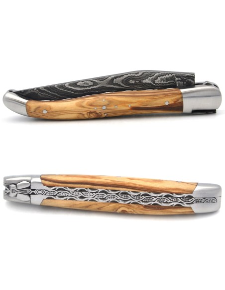 Laguiole GI, 12 cm olive wood, Damascus blade, chiseled bee and spring