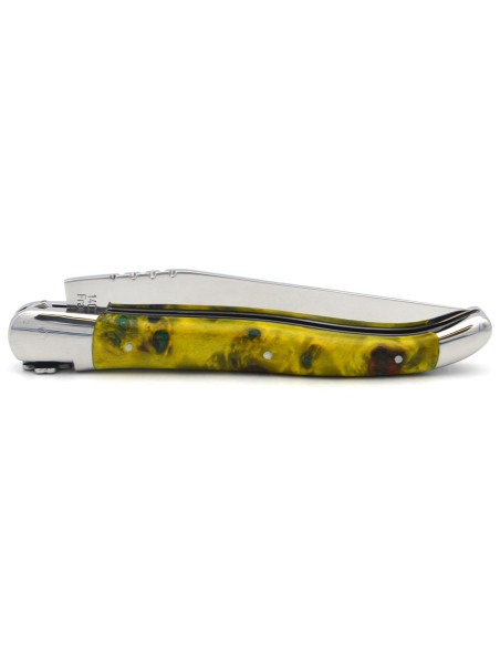 Laguiole GI, yellow/green stabilized poplar burl, shamrock motif
