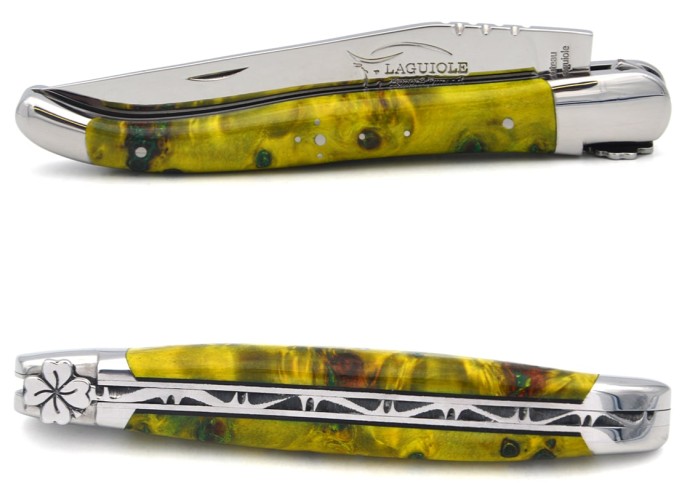 Laguiole GI, yellow/green stabilized poplar burl, shamrock motif