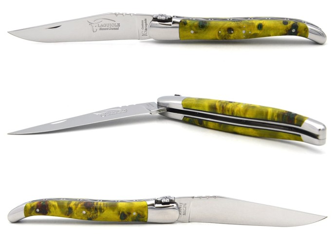 Laguiole GI, yellow/green stabilized poplar burl, shamrock motif