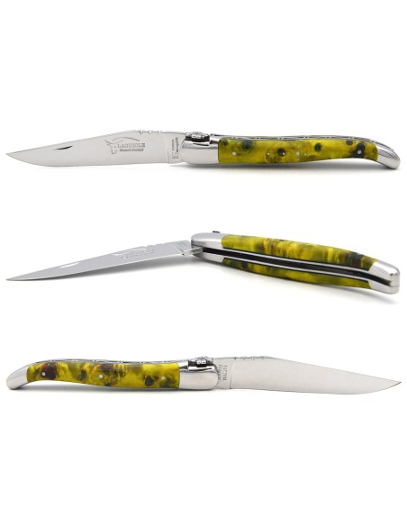 Laguiole GI, yellow/green stabilized poplar burl, shamrock motif