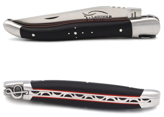 Laguiole with GI label, ebony wood & red spacer handle, shiny