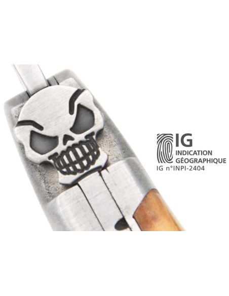 Laguiole knife with GI, 12 cm olive wood, forged bee motif skull N°2