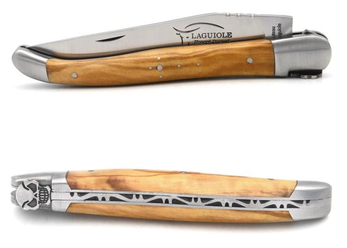 Laguiole mit Label GA, 12 cm Griff aus Olivenholz, Schädelmuster N°2