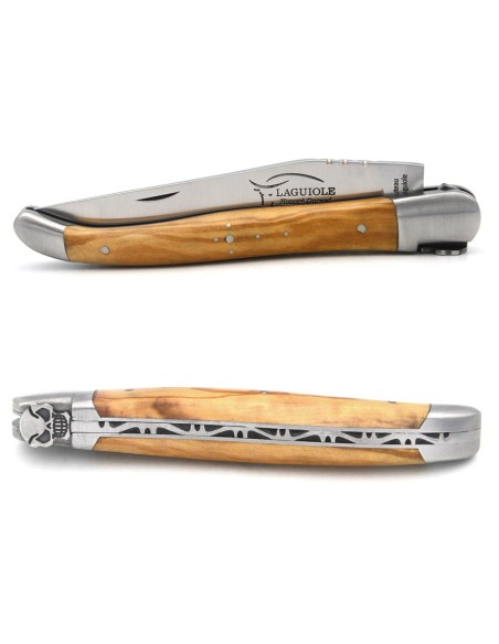 Laguiole knife with GI, 12 cm olive wood, forged bee motif skull N°2