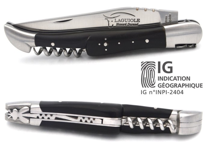Laguiole with GI label, 12 cm dark horn tip handle with corkscrew