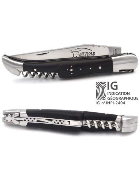 Laguiole with GI label, 12 cm dark horn tip handle with corkscrew