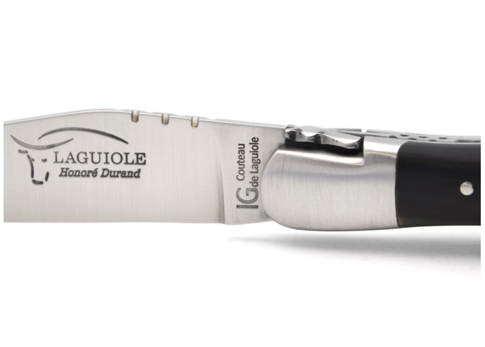 Laguiole with GI label, 12 cm dark horn tip handle with corkscrew