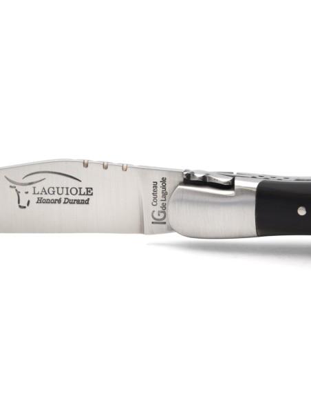 Laguiole with GI label, 12 cm dark horn tip handle with corkscrew