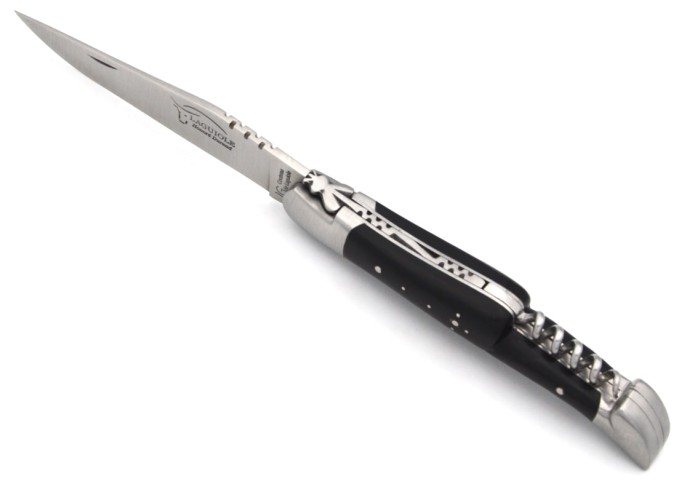 Laguiole with GI label, 12 cm dark horn tip handle with corkscrew
