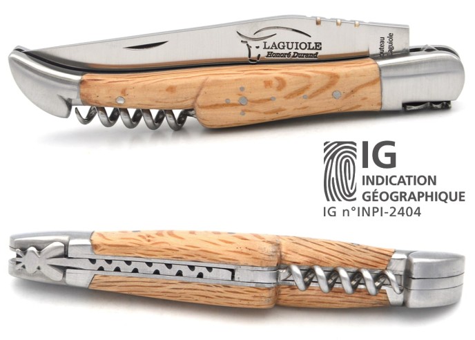 Laguiole with GI label, 12 cm green oak wood handle with corkscrew