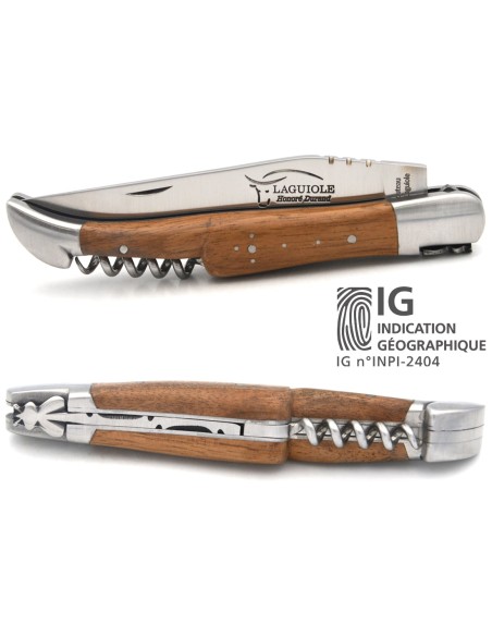 Couteau de Laguiole labellisé IG en noyer avec tire-bouchon, inox mat