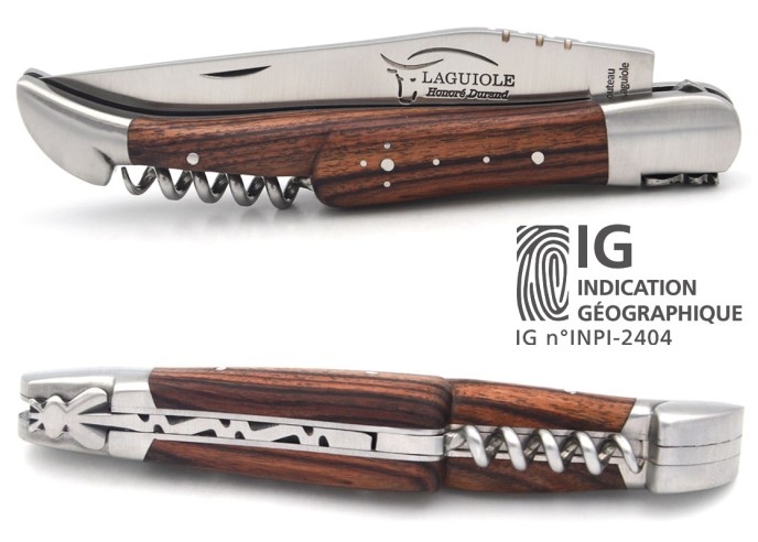Laguiole-Messer mit GA, 12 cm Griff aus Veilchenholz mit Korkenzieher