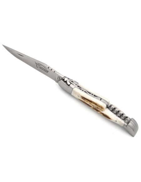 Laguiole-Messer mit GA, 12 cm Griff aus Hirschgeweih mit Korkenzieher