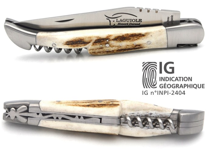 Couteau de Laguiole labellisé IG en bois de cerf avec tire-bouchon