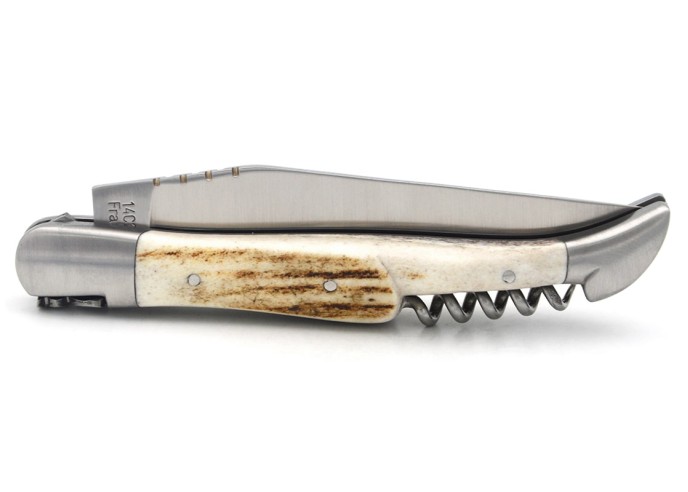 Laguiole knife with GI label, 12 cm deer antler handle with corkscrew