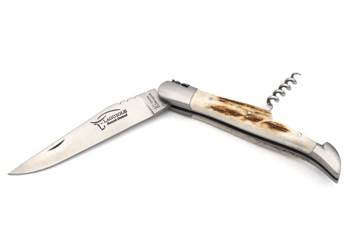 Laguiole-Messer mit GA, 12 cm Griff aus Hirschgeweih mit Korkenzieher