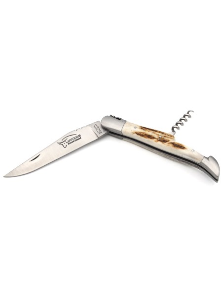 Laguiole knife with GI label, 12 cm deer antler handle with corkscrew