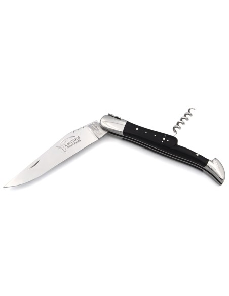 Laguiole knife with GI label, 12 cm ebony wood handle with corkscrew