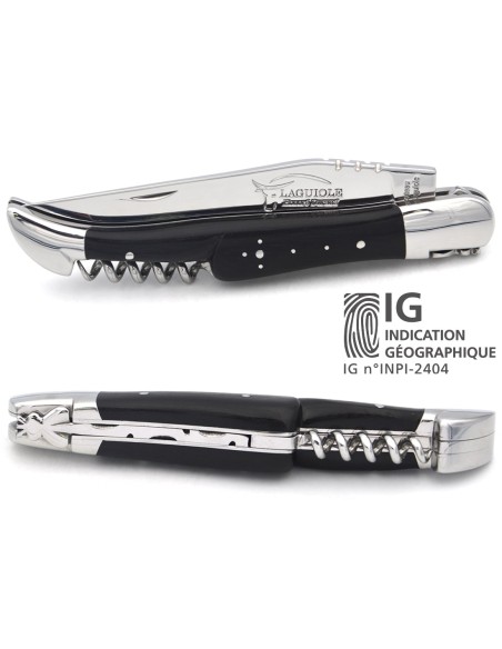 Laguiole knife with GI label, 12 cm ebony wood handle with corkscrew