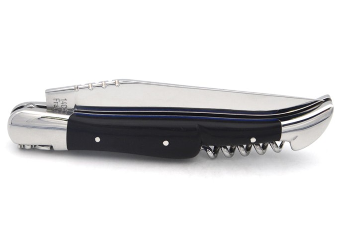 Laguiole knife GI, 12 cm ebony wood & blue spacer handle with corkscrew