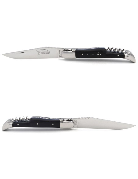 Laguiole knife GI, 12 cm ebony wood & blue spacer handle with corkscrew