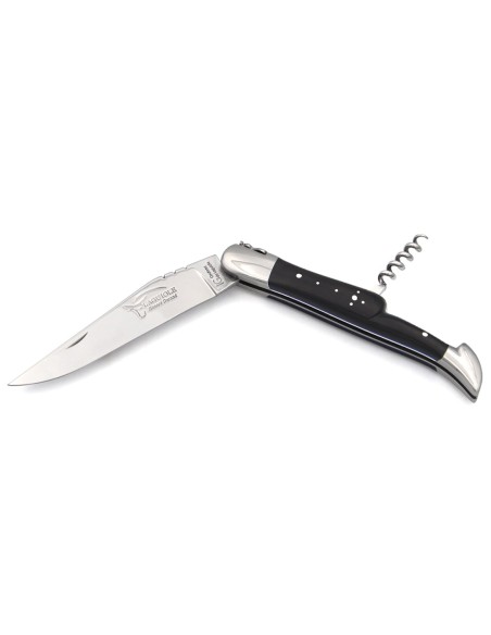 Laguiole knife GI, 12 cm ebony wood & blue spacer handle with corkscrew