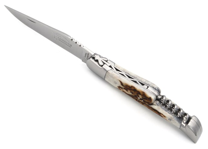 Laguiole knife with GI label, 12 cm deer antler handle with corkscrew