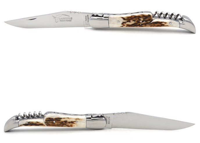 Laguiole-Messer mit GA, 12 cm Griff aus Hirschgeweih mit Korkenzieher