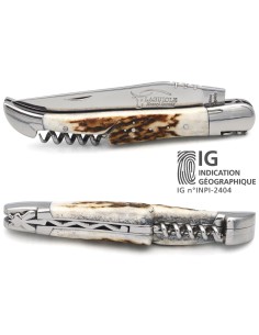 Laguiole-Messer mit GA, 12 cm Griff aus Hirschgeweih mit Korkenzieher