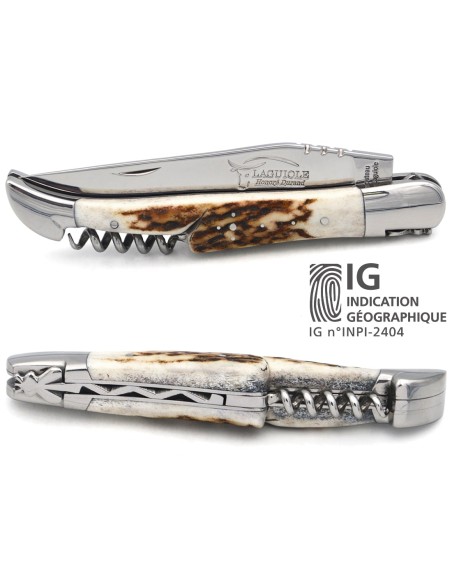 Laguiole knife with GI label, 12 cm deer antler handle with corkscrew