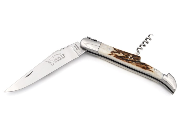 Laguiole-Messer mit GA, 12 cm Griff aus Hirschgeweih mit Korkenzieher