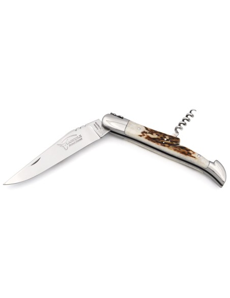 Laguiole knife with GI label, 12 cm deer antler handle with corkscrew