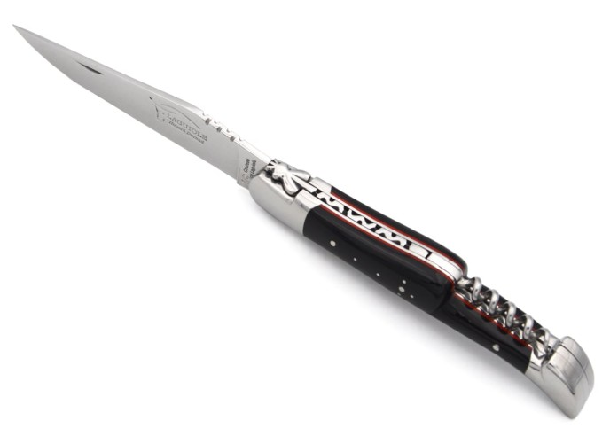 Laguiole GI, 12 cm dark horn tip & red spacer handle with corkscrew