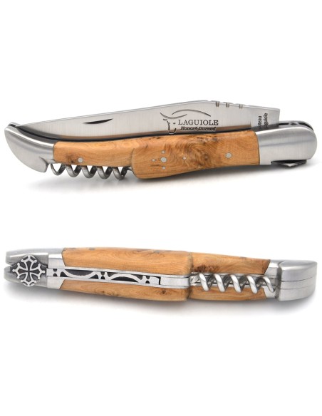 Laguiole knife with GI label,juniper with corkscrew, Occitan cross