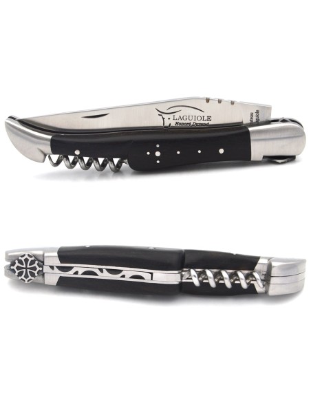 Laguiole knife with GI label, ebony with corkscrew, Occitan cross