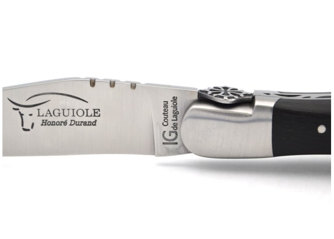 Laguiole labellisé IG en ébène avec tire-bouchon, croix occitane