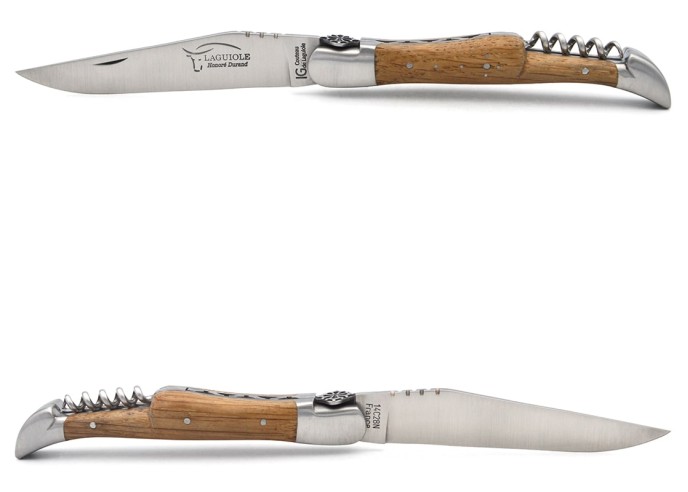 Laguiole GI, 12 cm barrel oak handle with corkscrew, Occitan cross