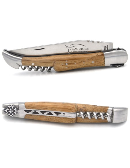 Laguiole IG chêne de barrique de 12 cm & tire-bouchon, croix occitane