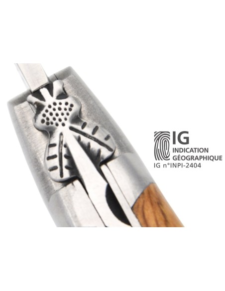 Laguiole knife with GI label, 12 cm olive wood handle, classic bee n°1