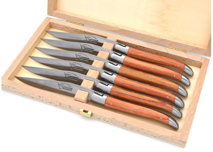 Steak knives, slim rosewood handles with matt stainless steel bolsters