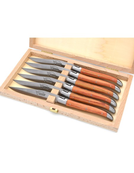 Couteaux de table, manche fin en bois de rose avec mitres inox mat