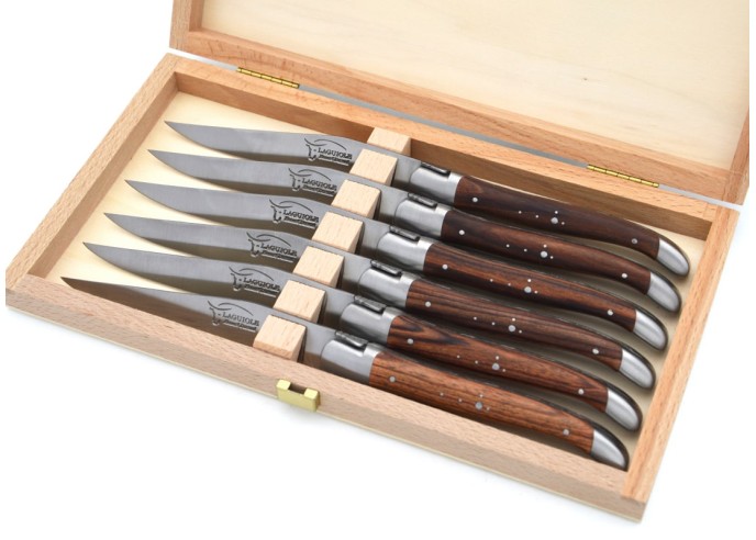 Couteaux de table, manche fin en bois de violette, mitres inox mat