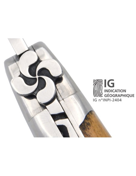 Laguiole IG en olivier, croix basque, 12 cm, lame seule, inox brillant
