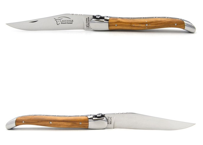 Laguiole IG en olivier, croix basque, 12 cm, lame seule, inox brillant