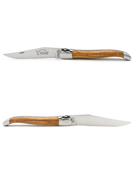 Laguiole IG en olivier, croix basque, 12 cm, lame seule, inox brillant