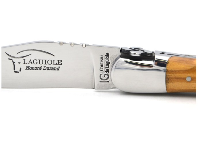 Laguiole IG en olivier, croix basque, 12 cm, lame seule, inox brillant