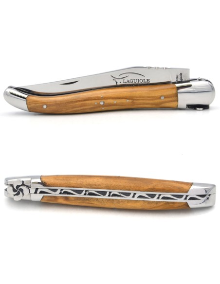 Laguiole GI, 12 cm olive wood handle, Basque cross, shiny finish