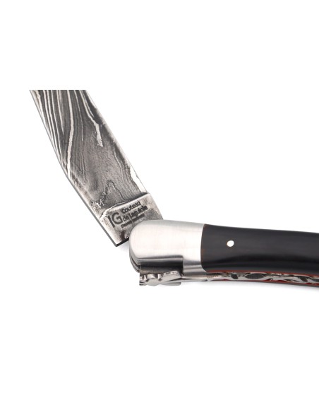 Dark horn tip & red spacer handle, Damascus blade, double plates