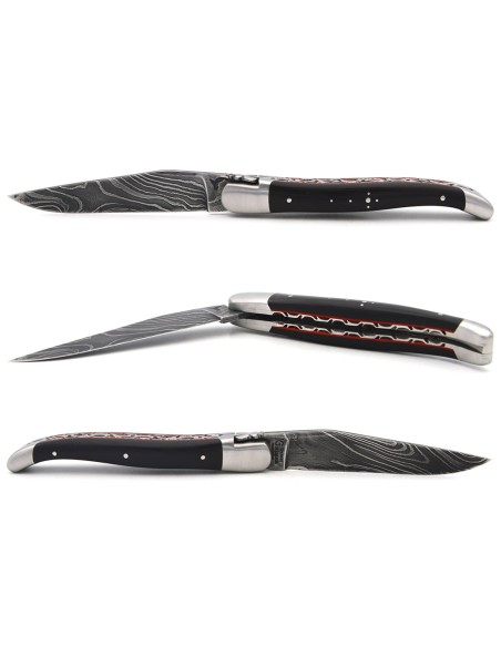 Dark horn tip & red spacer handle, Damascus blade, double plates